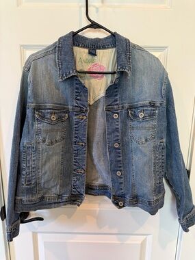 Angels Denim Jacket with Pink Rose Embroidery